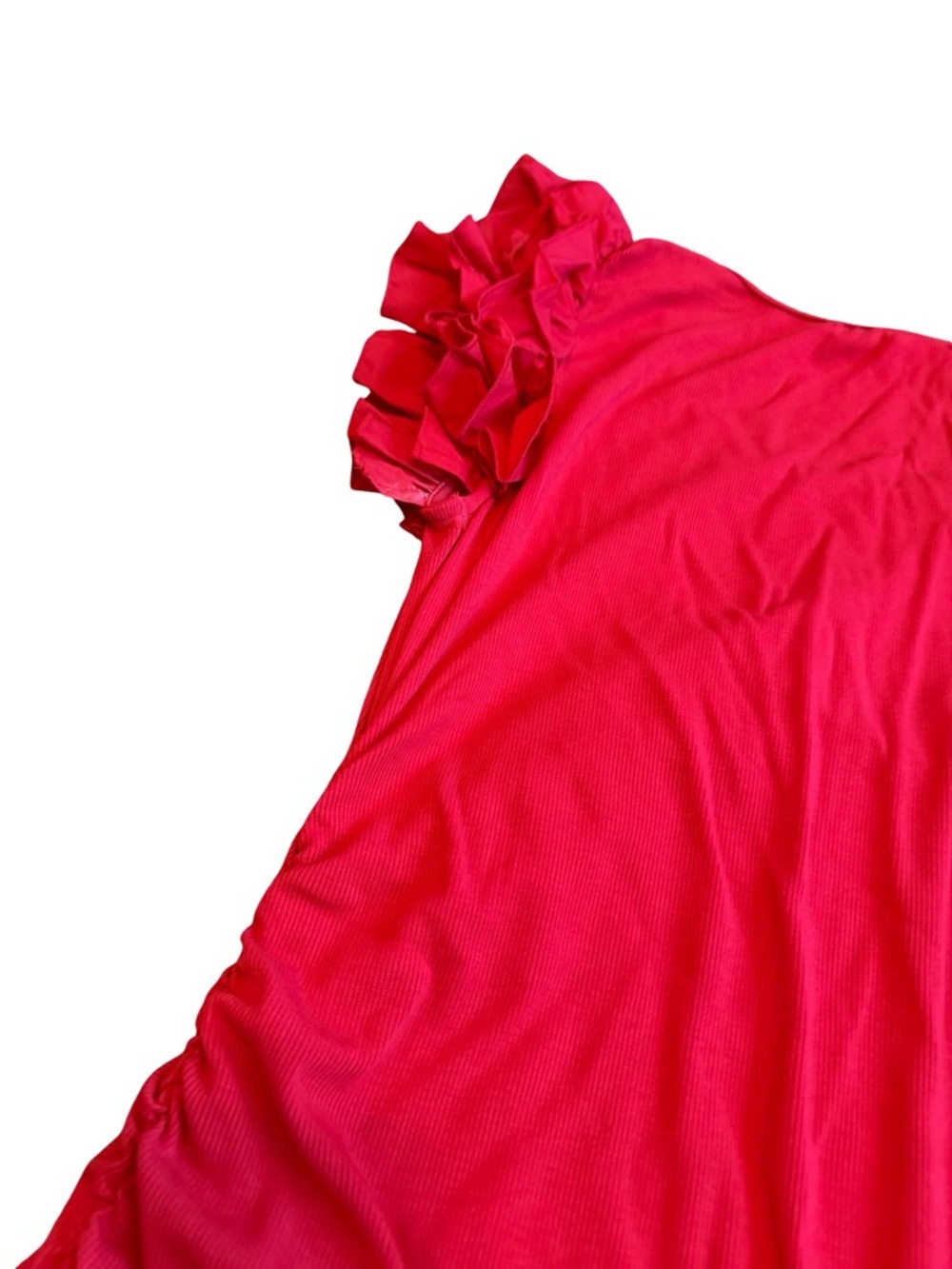 Boston Proper Ruffle Knit Rib Ruched Dress Bold Red Stretch Fitted Size Large - Picture 9 of 12